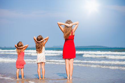 Beautiful mother and daughter on car containing vacation, beach, and ...