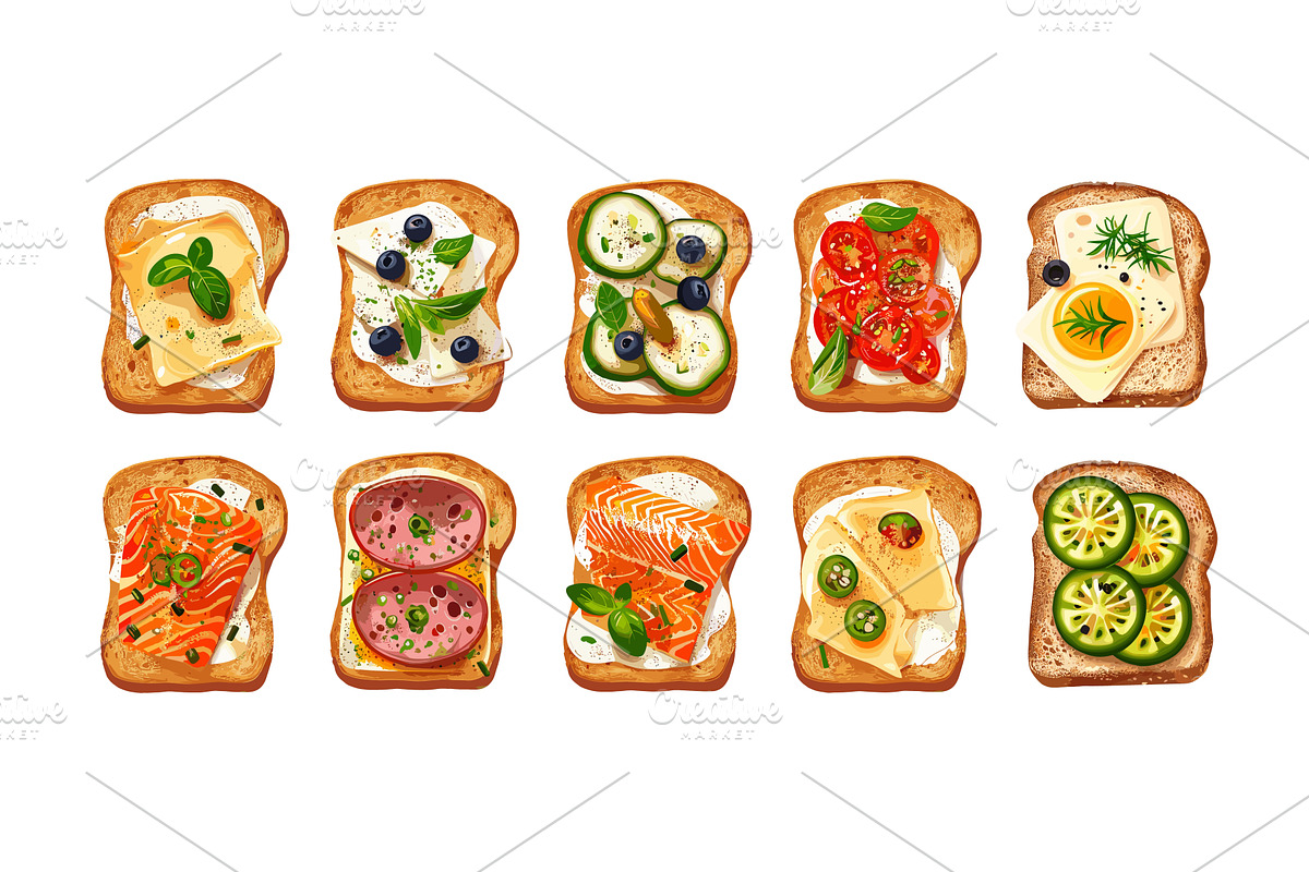 Top view crunchy toasts cartoon, a Food Illustration by Valerie Bodnar