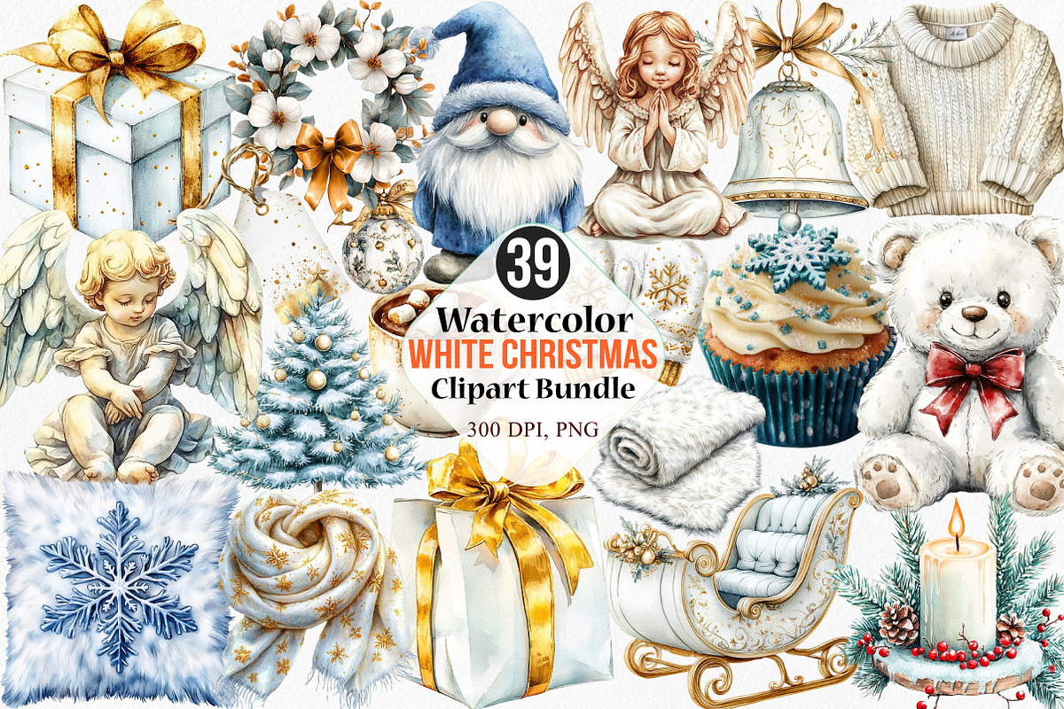 Watercolor White Christmas Clipart, an Illustration by Canvas Craft (Photo 1 of 8)