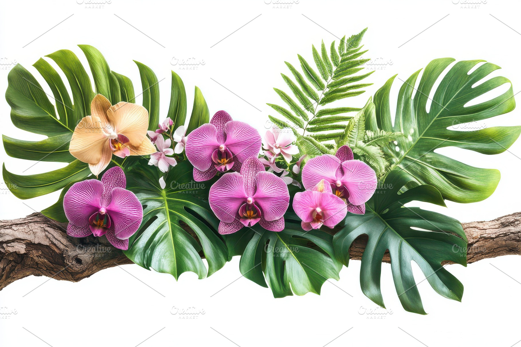 Orchids and Tropical Leaves on Wood, a Photo by Pixeness Studio