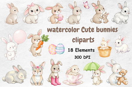 Watercolor Cute Bunnies Clipart