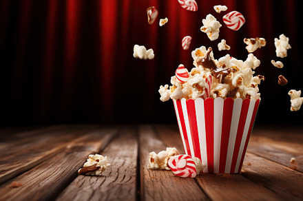 Paper cup with popcorn on wooden background, a Food & Drink Photo by AlyaAnd