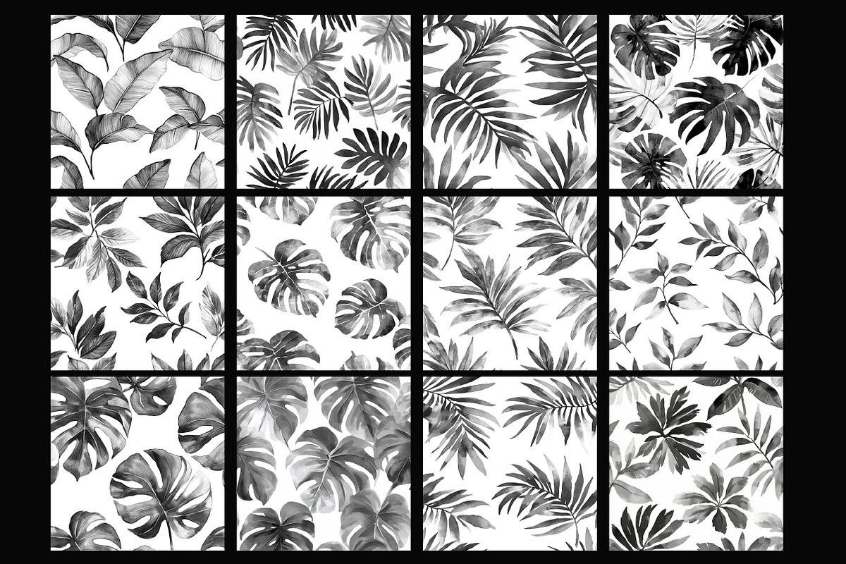 Black and White Tropical Leaves Seam, a Pattern Graphic by Design Market (Photo 2 of 4)