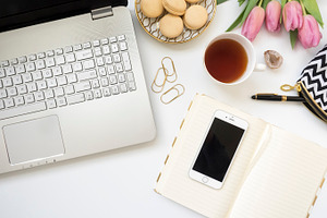 Modern flat lay styled desk mock up stock photo containing flat lay and modern
