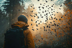 A ornithologist person in a yellow jacket stands in a forest, surrounded by fly, a Person Photo by Textures & Backgrounds