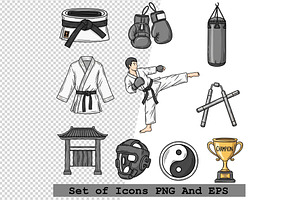 Set of  martial arts icons vector, an Icon by one-touch