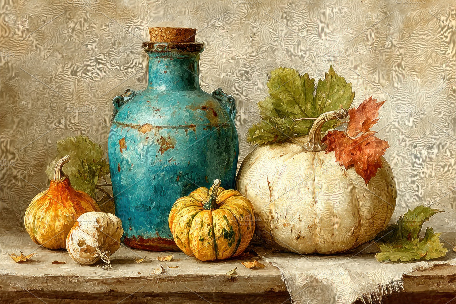 Still life with pumpkins gourds garlic and rustic blue jug on ag, a Food & Drink Photo by José Manuel Gelpi