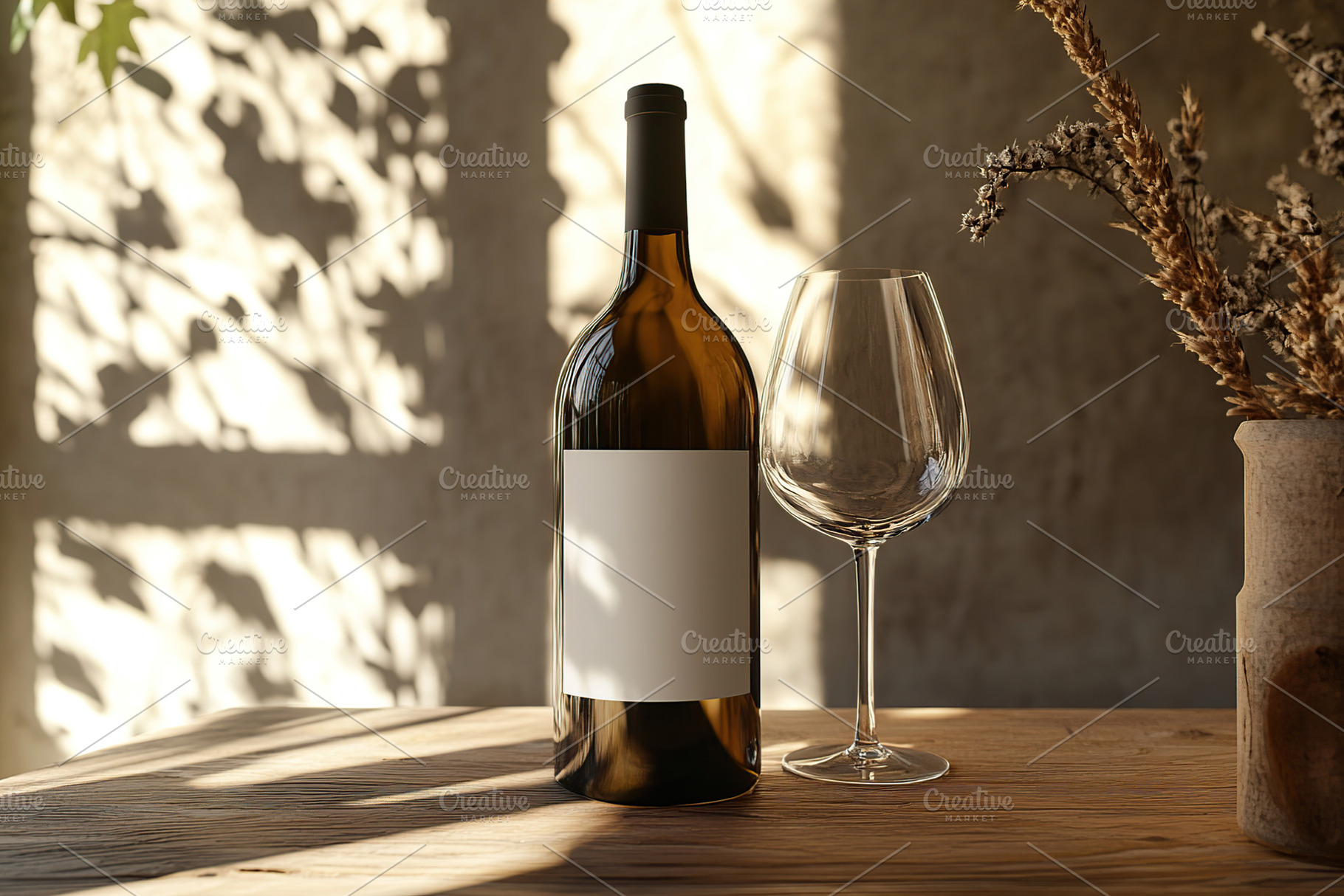 Wine bottle with blank label and glass on rustic wooden table in, a Food & Drink Photo by AlyaAnd