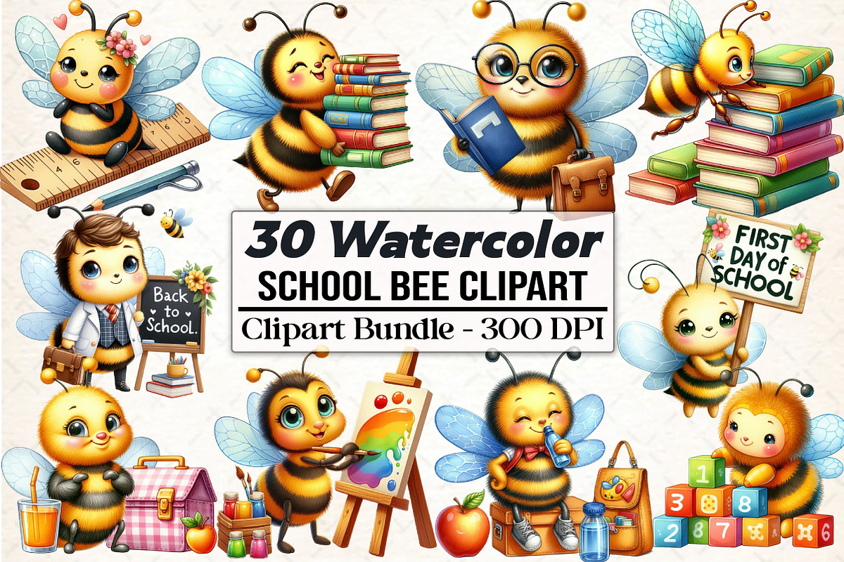 Watercolor Back to School Bee Clipar, an Animal Illustration by DreamCafeArt (Photo 1 of 5)