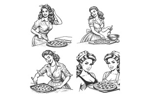Pin-Up Women Cooking and Serving, a Person Illustration by AlexArt