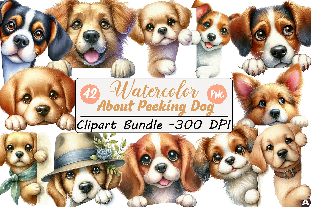 About Watercolor Peeking Dog Clipart, an Illustration by DreamCafeArt (Photo 1 of 6)