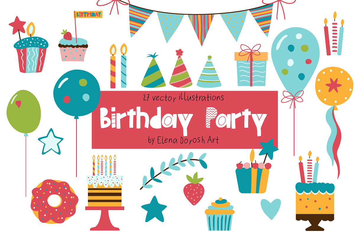 Birthday Party Cartoon Clipart, a Decorative Illustration by Elena Dorosh (Photo 1 of 3)