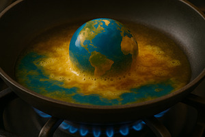 Planet Earth boiling violently in frying pan on flames, a Background Photo by GoodGoods