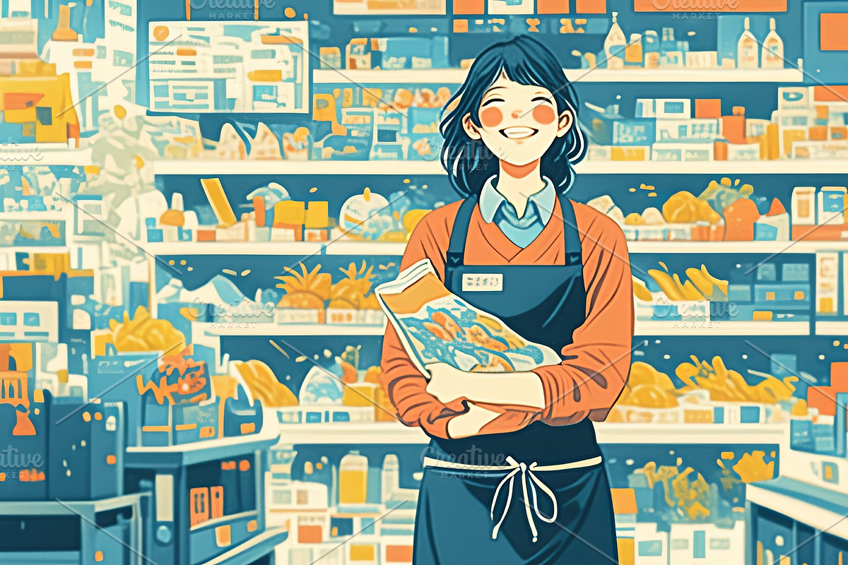 Smiling woman holding items in a colorful grocery store environment, an Illustration by AS photostudio