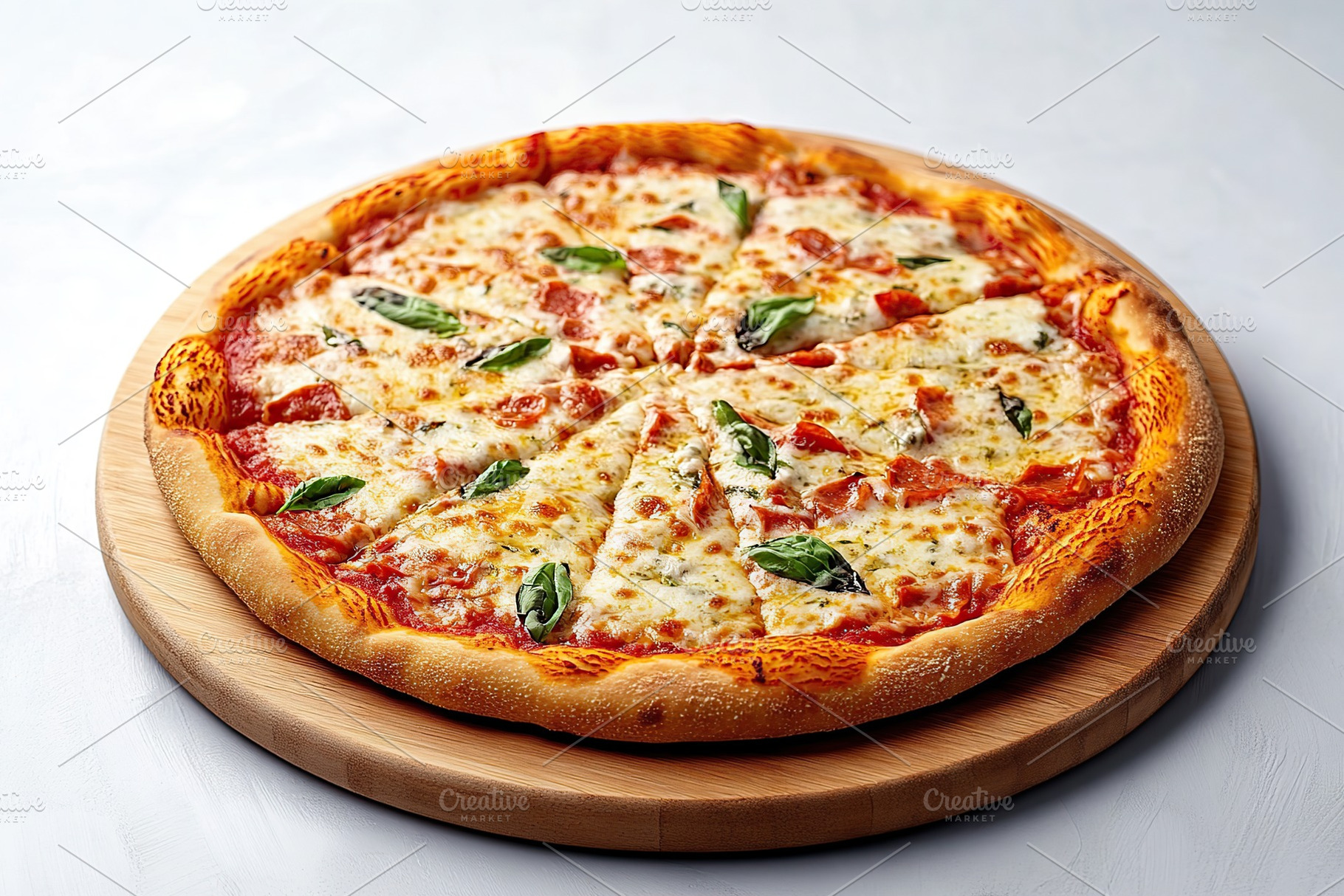 Baked pizza Margherita topped with mozzarella and fresh basil on a wooden board, a Food & Drink Photo by AlyaAnd