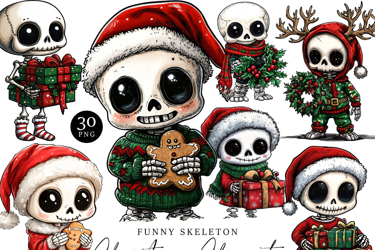 Funny Skeleton Christmas Clipart, a Seasonal Illustration by Design Scotch (Photo 1 of 8)