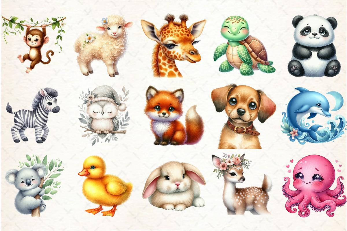 Cute Animals Watercolor Clipart, an Illustration by Libby Wishes (Photo 2 of 10)