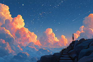 Young person standing on rocky steps above clouds at sunset under a starry sky, a Photo by AS photostudio