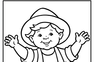 Happy smiling child wearing a hat and vest, standing with arms o, an Illustration by Studio ANNA