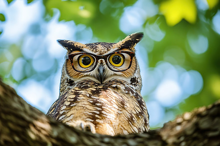 Great wild owl perched in a tree branch, an Animal Photo by AlyaAnd