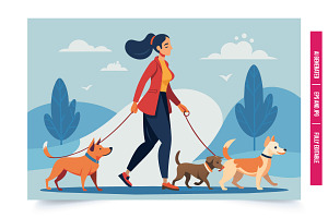A woman in a red jacket walks three, an Illustration by Tanuart