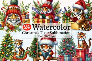 Watercolor Christmas Tiger Clipart