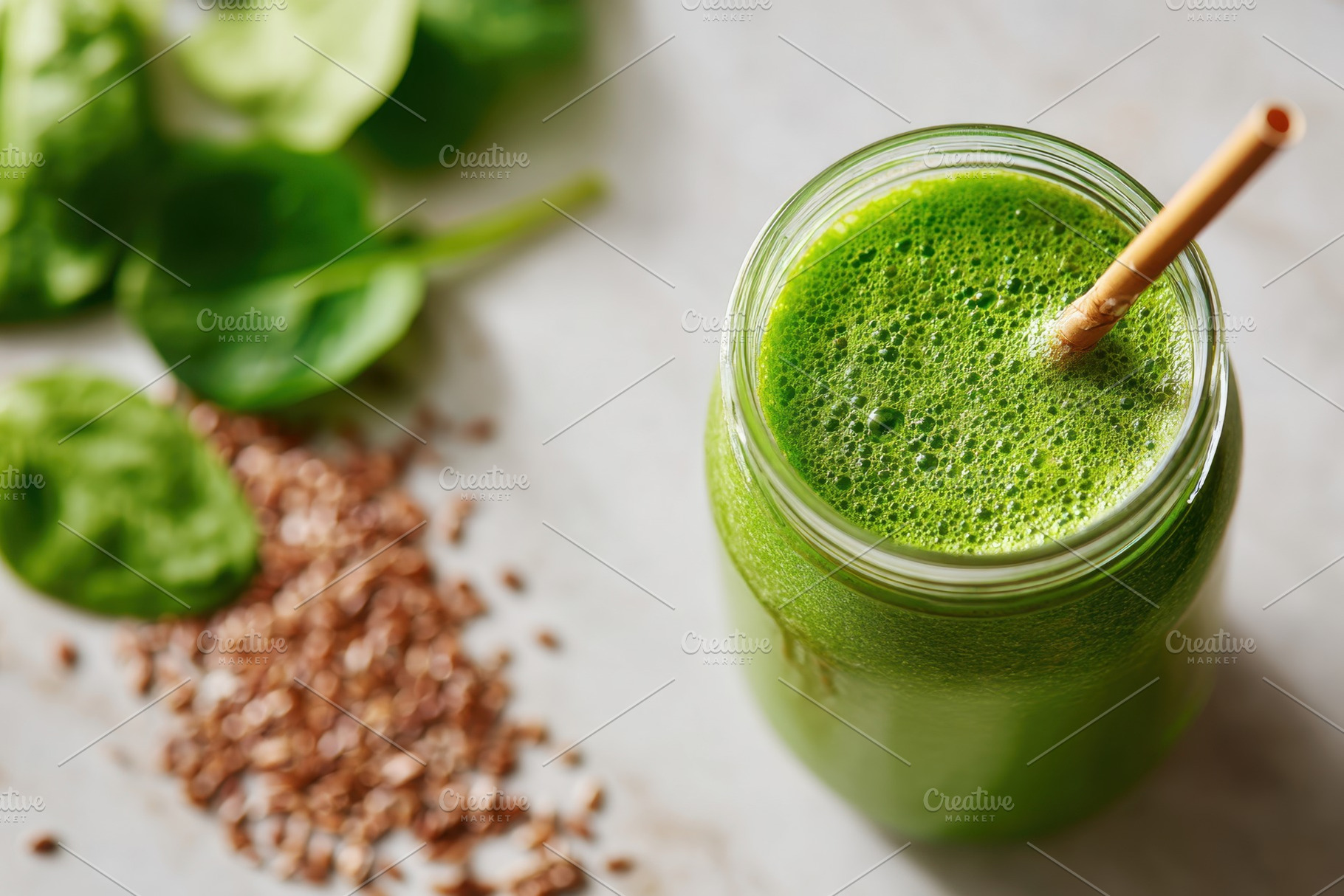 Refreshing green smoothie in a jar, a Food & Drink Photo by AlyaAnd
