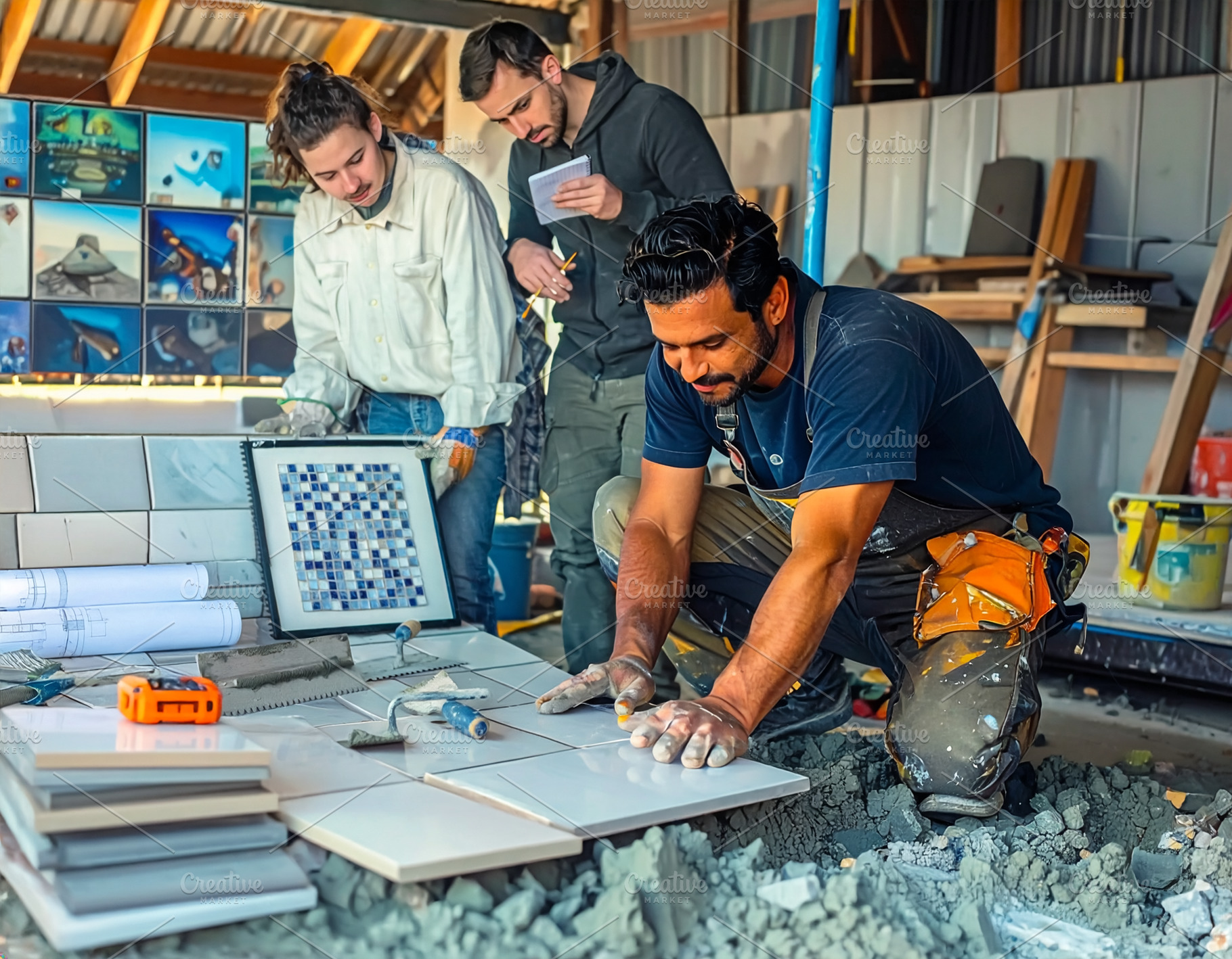 Tile mason teaching apprentices, a Person Photo by DanFLCreativo