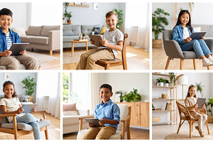 Kids with a tablet at living room while smiling to the camera ph, a Business Photo by DanFLCreativo