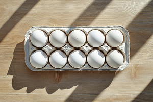 Fresh eggs arranged neatly in a carton on a wooden surface in na, a Food & Drink Photo by AlyaAnd