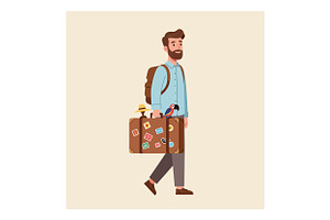 A man with a suitcase and parrot, wa, an Illustration by designvectx