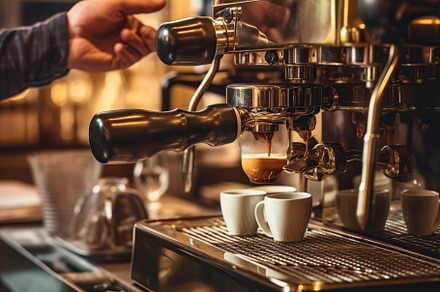 Bartender making coffee on coffee machine in restaurant. Generative AI, a Food & Drink Photo by AlyaAnd