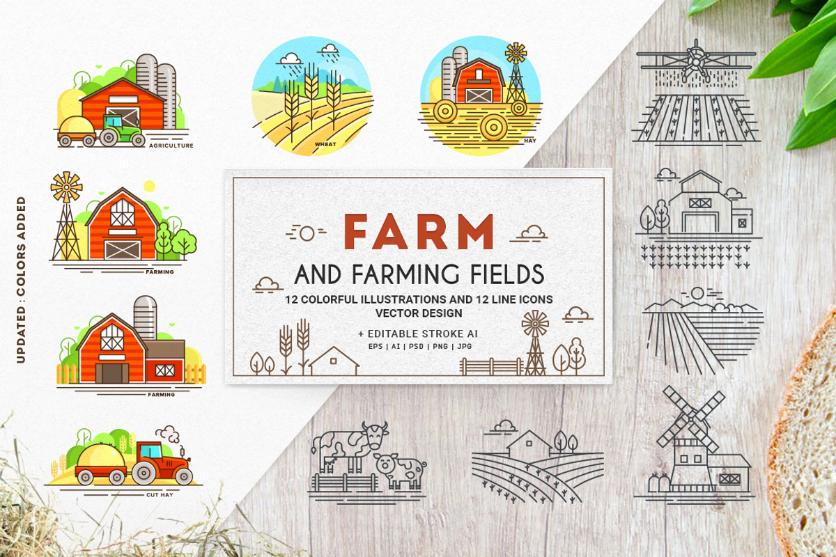 Farm icons and farming fields, an Outline Icon by Bezvershenko (Photo 1 of 8)