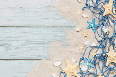 Fishing net, seashells and starfishes creating summer holiday bo