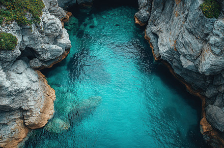 Clear turquoise waters surrounded by, a Photo by Tanuart
