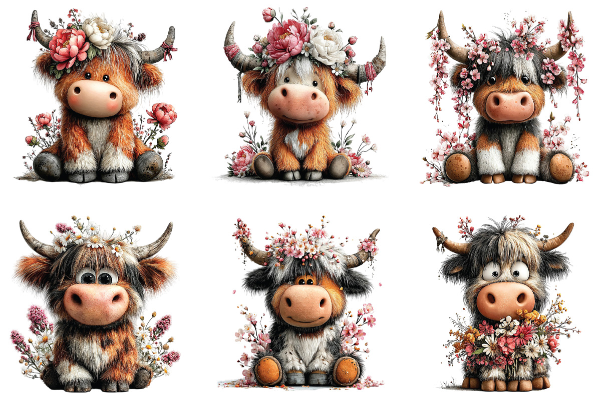 Whimsical Highland Cow Floral Clipar, an Illustration by CraftArtStudio (Photo 6 of 6)