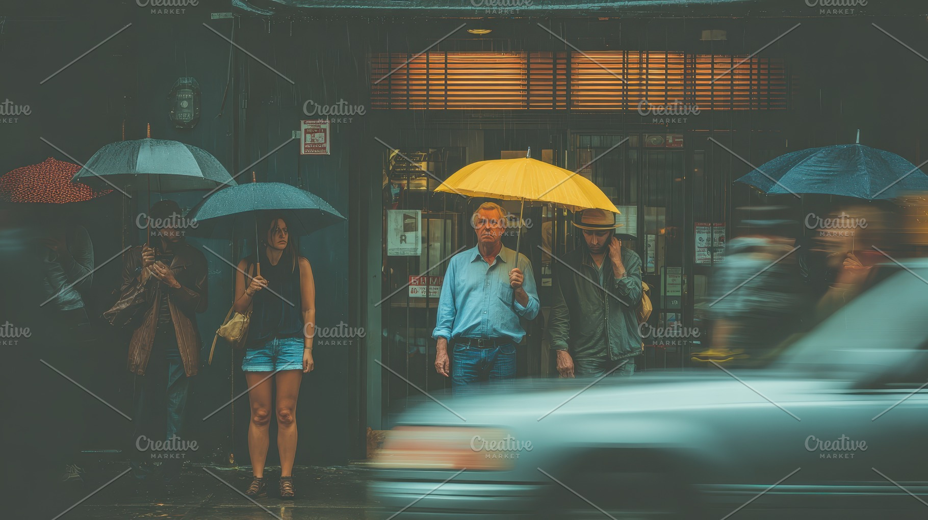 Rainy Day City Street People Umbrell, a Photo by Pixeness Studio