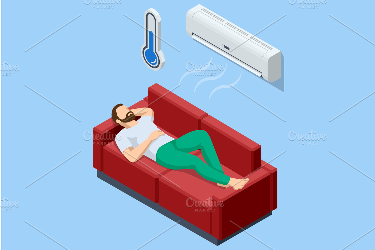 Isometric woman lying on sofa with, an Illustration by Golden Sikorka