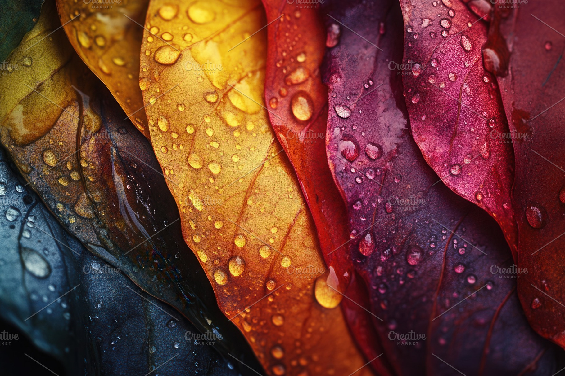 Autumn leaves adorned with droplets, a Photo by Pavel_design