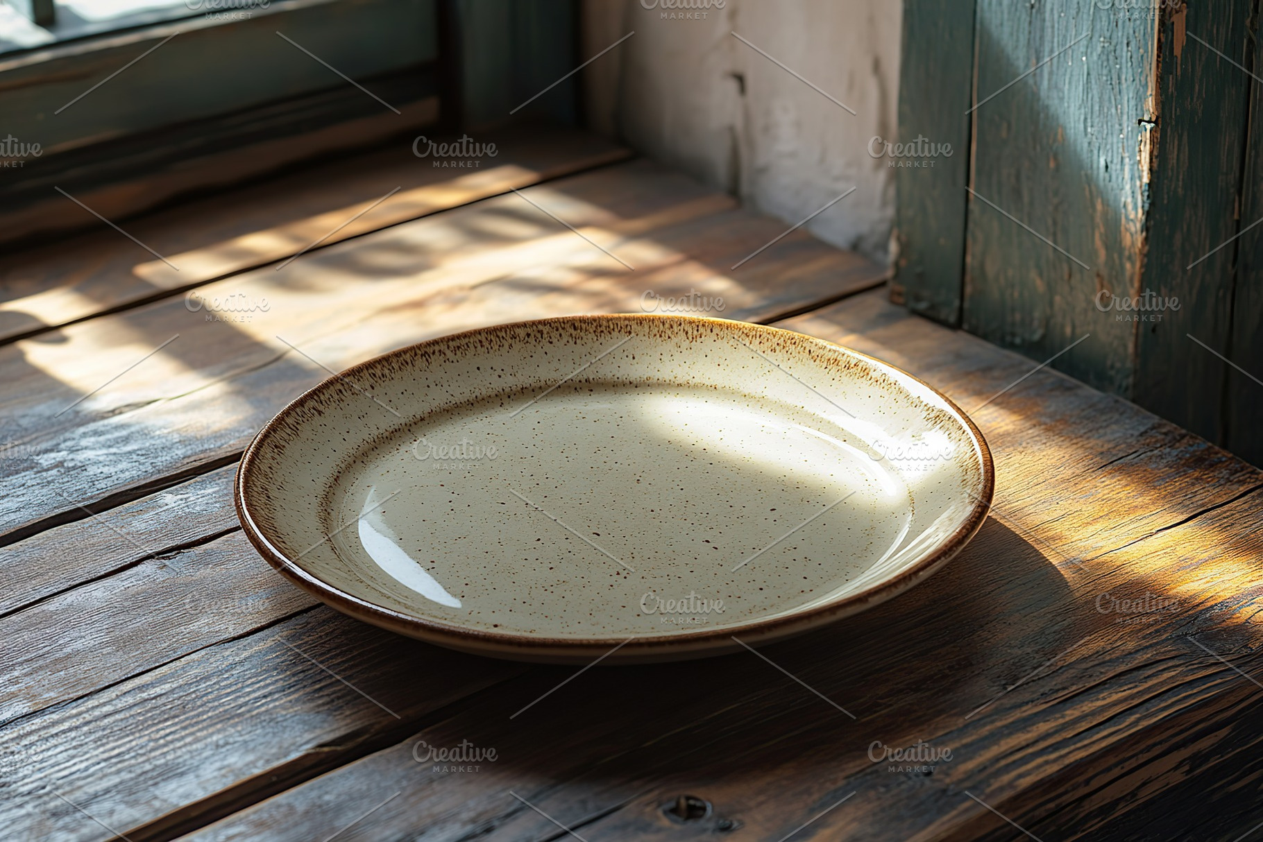 Warmly lit plate on rustic wooden surface near a window in cozy room, a Photo by AlyaAnd