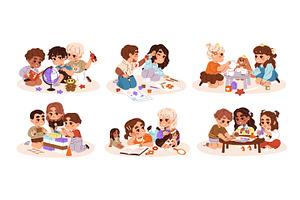 Happy kids play games with toys set, a Person Illustration by PaperTrident