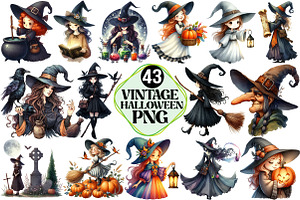 Vintage Halloween Witch Clipart, an Illustration by Pixels.Craft