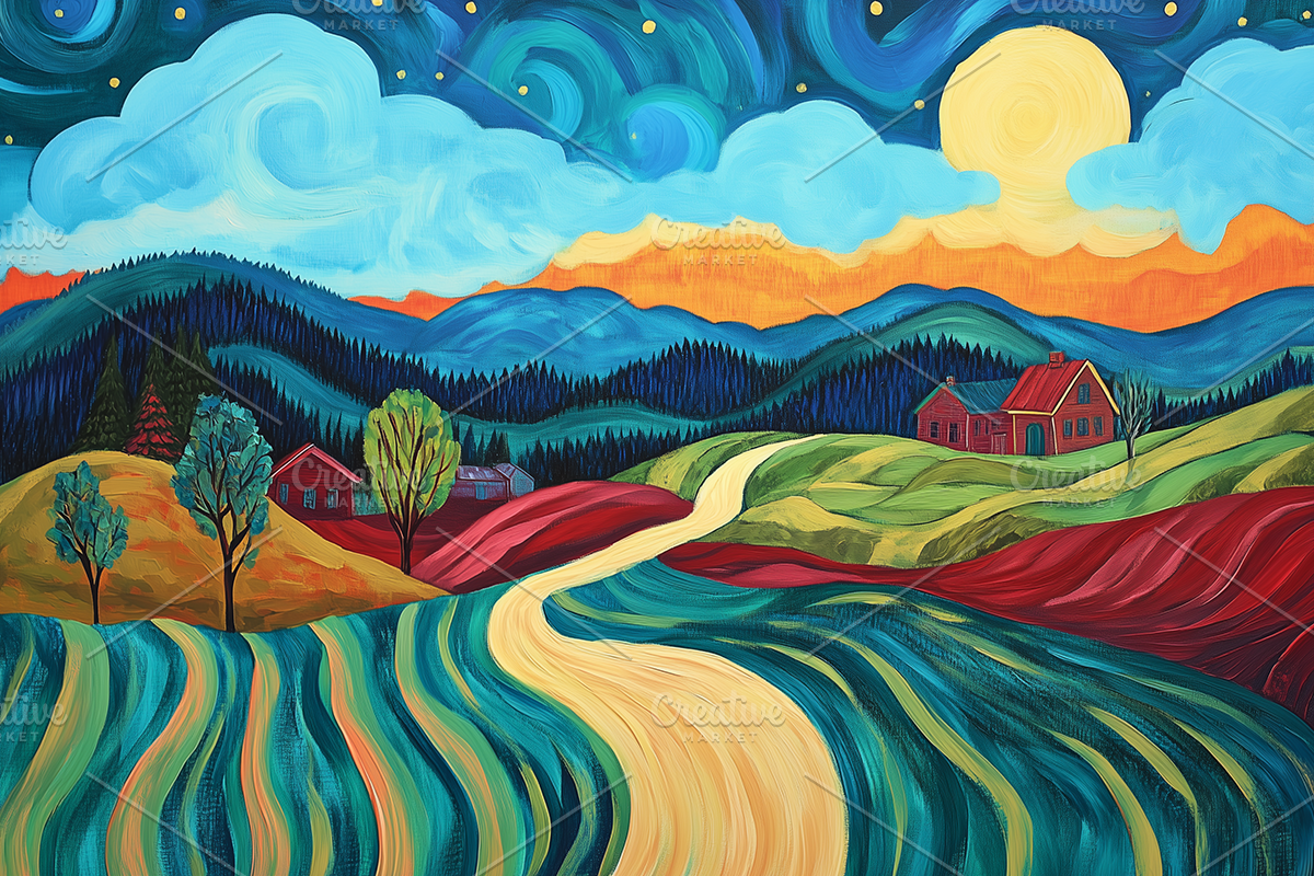 Red Cottages and Sunset Hill Design, a Decorative Illustration by Art Paradise Studios
