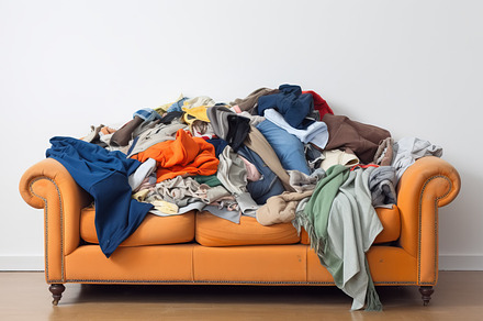 Old orange sofa full of clothes, blankets, scarfs, etc. Messy ro, a Beauty & Fashion Photo by Studio Light & Shade