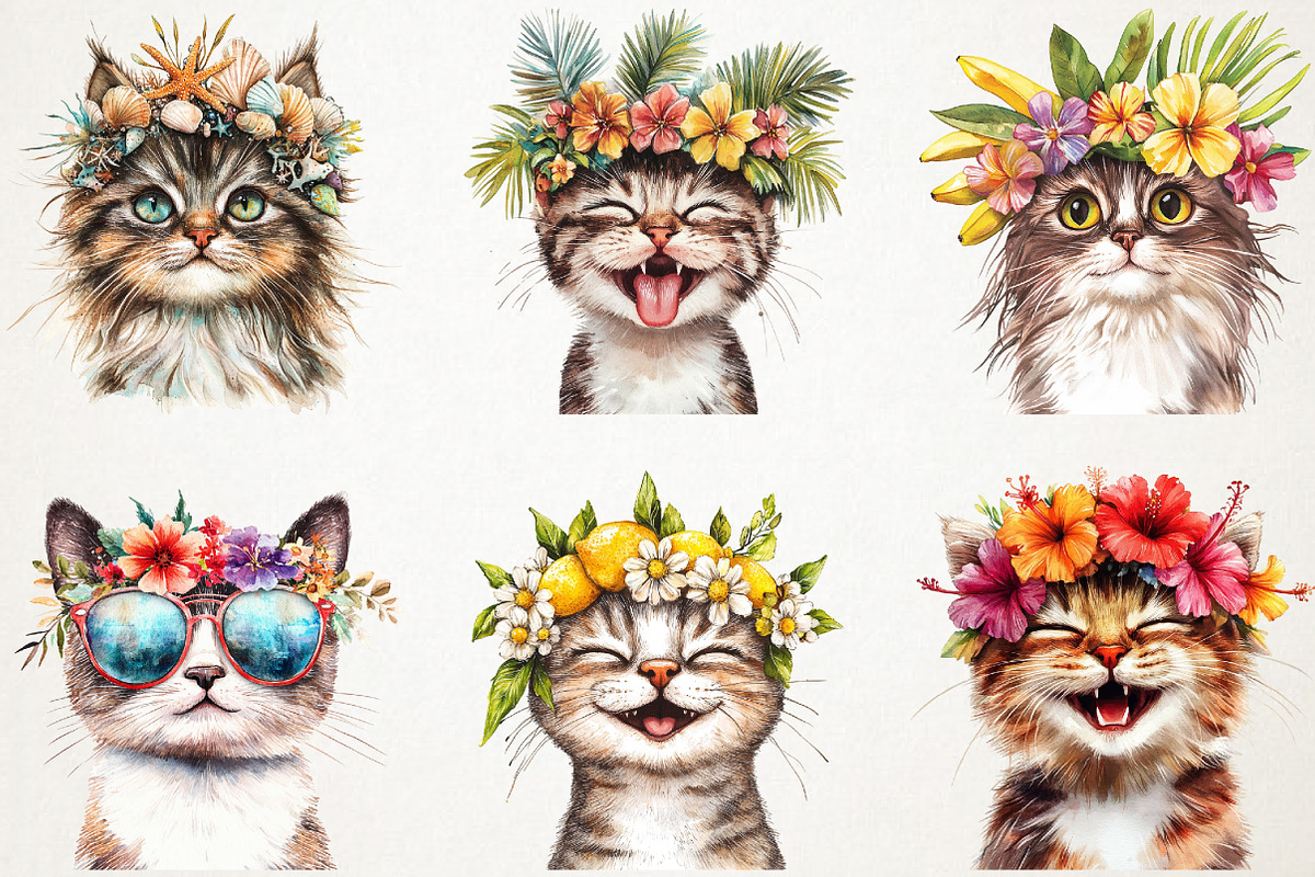 Funny Summer Cat Watercolor Clipart, an Illustration by RobertsArt (Photo 2 of 7)