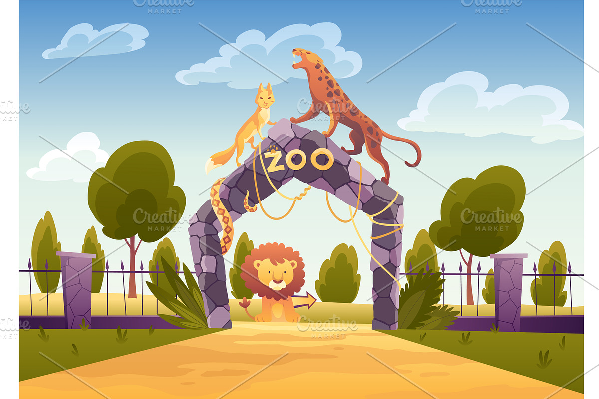 Zoo entrance gates with stone arch, an Animal Illustration by the8monkey