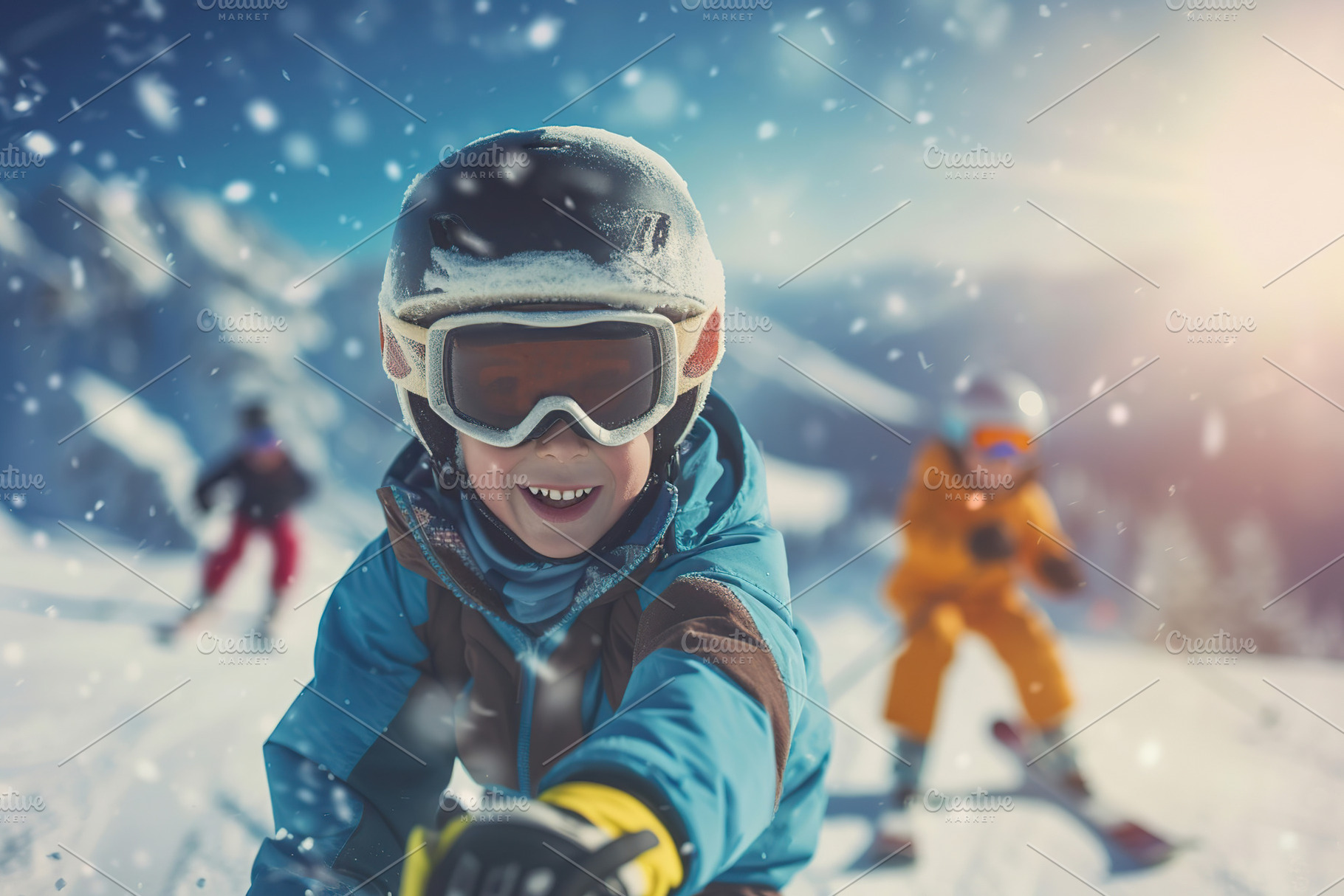 Portrait of children skiing in protective equipment in mountains, a Photo by AlyaAnd
