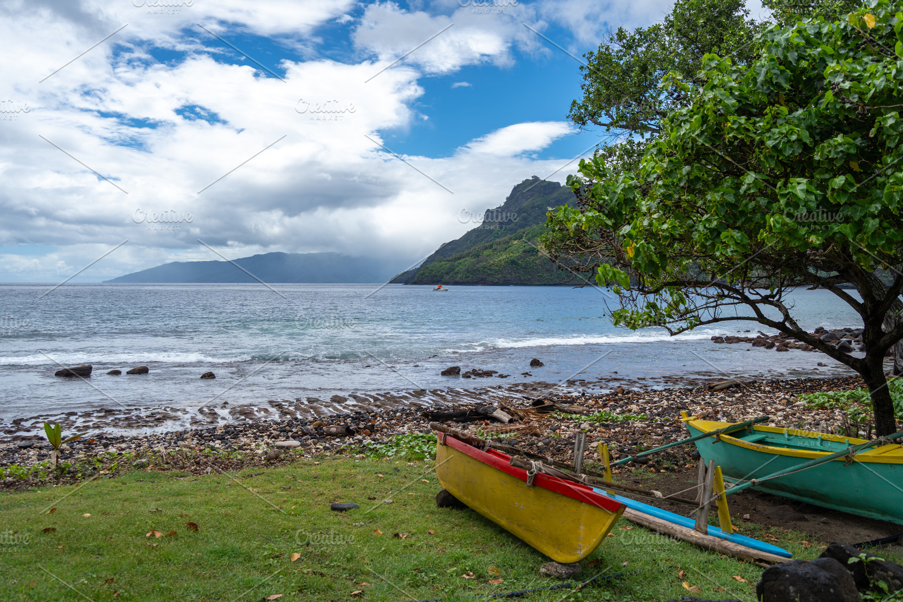 Beach with wooden boats in Tahuata, Marquesas Islands, French Po, a Nature Photo by GoodGoods