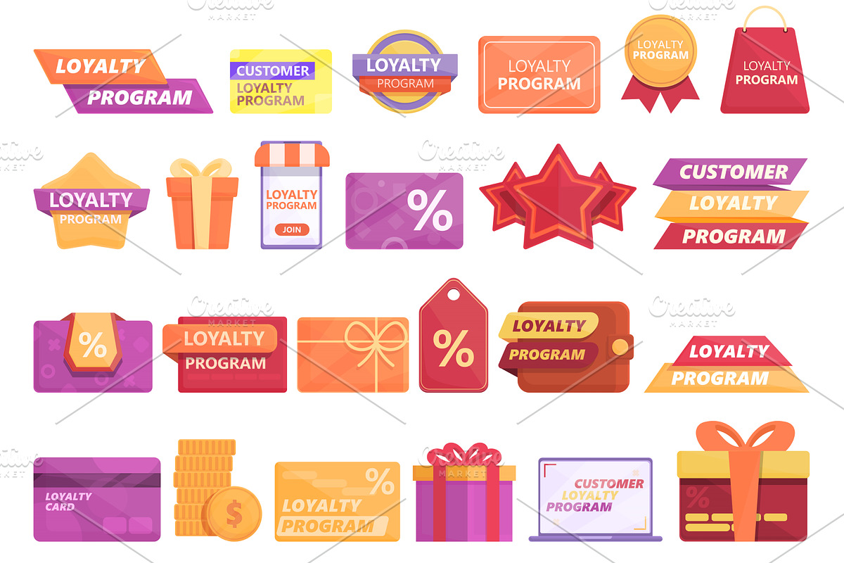 Customer loyalty program icons set, an Illustration by Ylivdesign