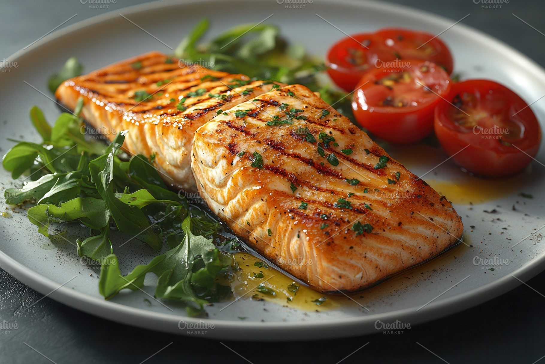 Grilled salmon with fresh greens and, a Photo by Tanuart